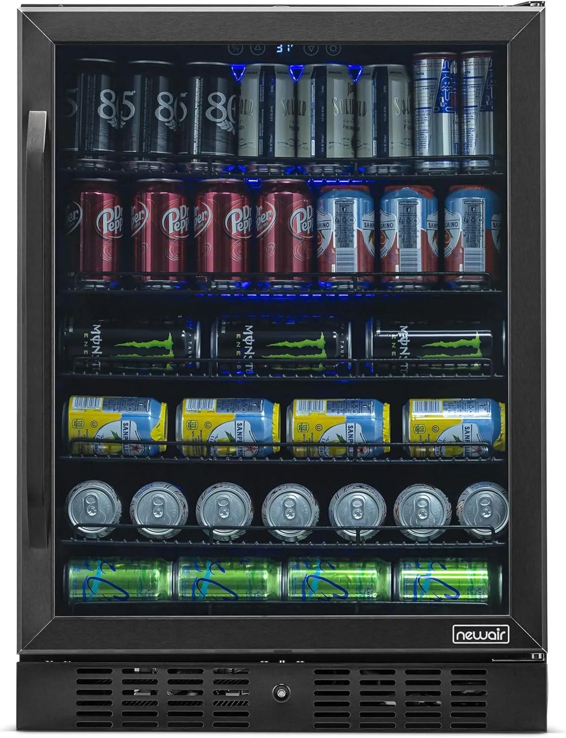 Newair 24" Beverage Refrigerator 177 Can Capacity, Black Stainless Steel Mini Fridge with Built-in Cooler and Glass Door, Cool your Soda, Beer, and Beverages to 37F