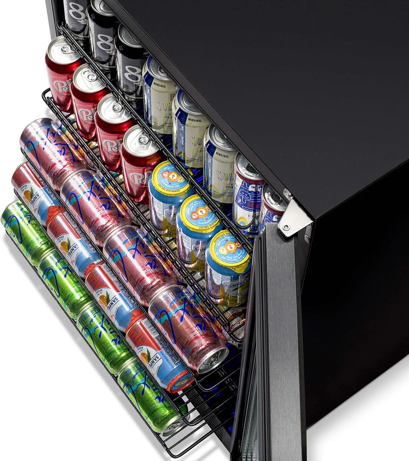 Newair 24" Beverage Refrigerator 177 Can Capacity, Black Stainless Steel Mini Fridge with Built-in Cooler and Glass Door, Cool your Soda, Beer, and Beverages to 37F