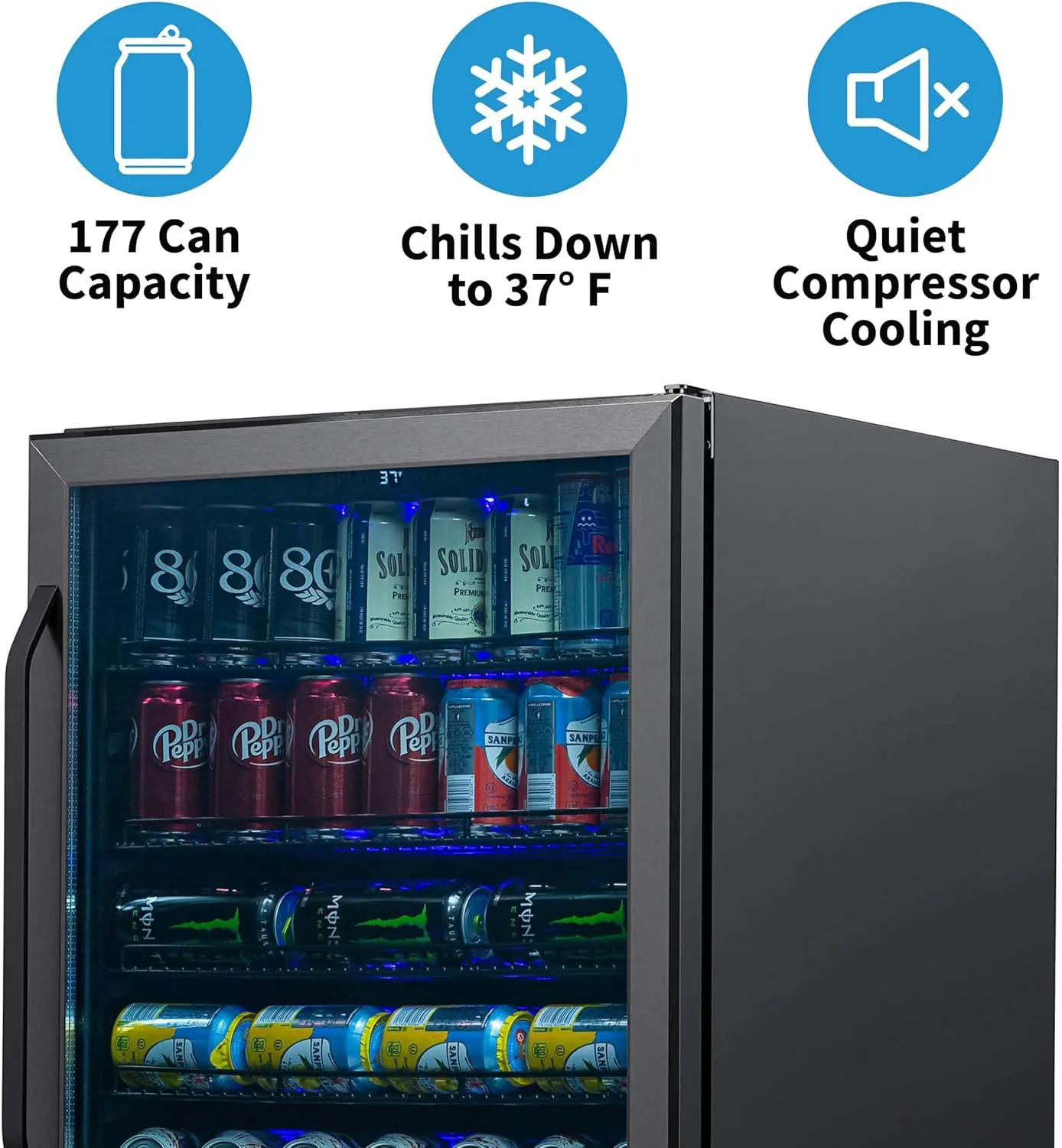 Newair 24" Beverage Refrigerator 177 Can Capacity, Black Stainless Steel Mini Fridge with Built-in Cooler and Glass Door, Cool your Soda, Beer, and Beverages to 37F