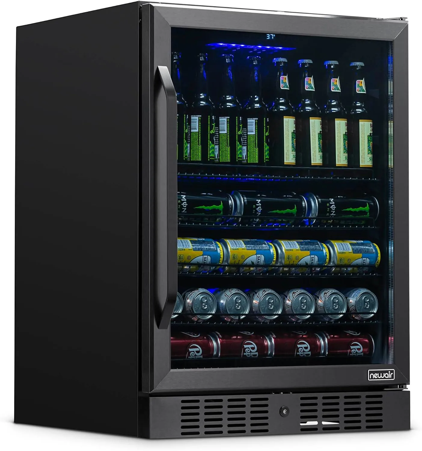 Newair 24" Beverage Refrigerator 177 Can Capacity, Black Stainless Steel Mini Fridge with Built-in Cooler and Glass Door, Cool your Soda, Beer, and Beverages to 37F