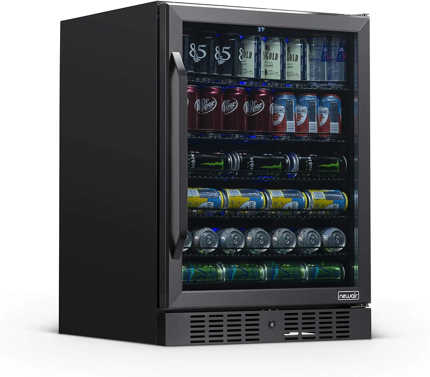 Newair 24" Beverage Refrigerator 177 Can Capacity, Black Stainless Steel Mini Fridge with Built-in Cooler and Glass Door, Cool your Soda, Beer, and Beverages to 37F