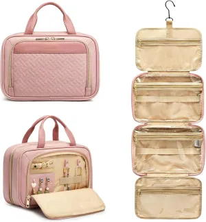 Newshows Leather Travel Toiletry Bag for Women with Jewelry Organizer Compartment, Large Makeup Cosmetic Bag with Hanging Hook, Travel Essentials Toiletries, Full Sized Container