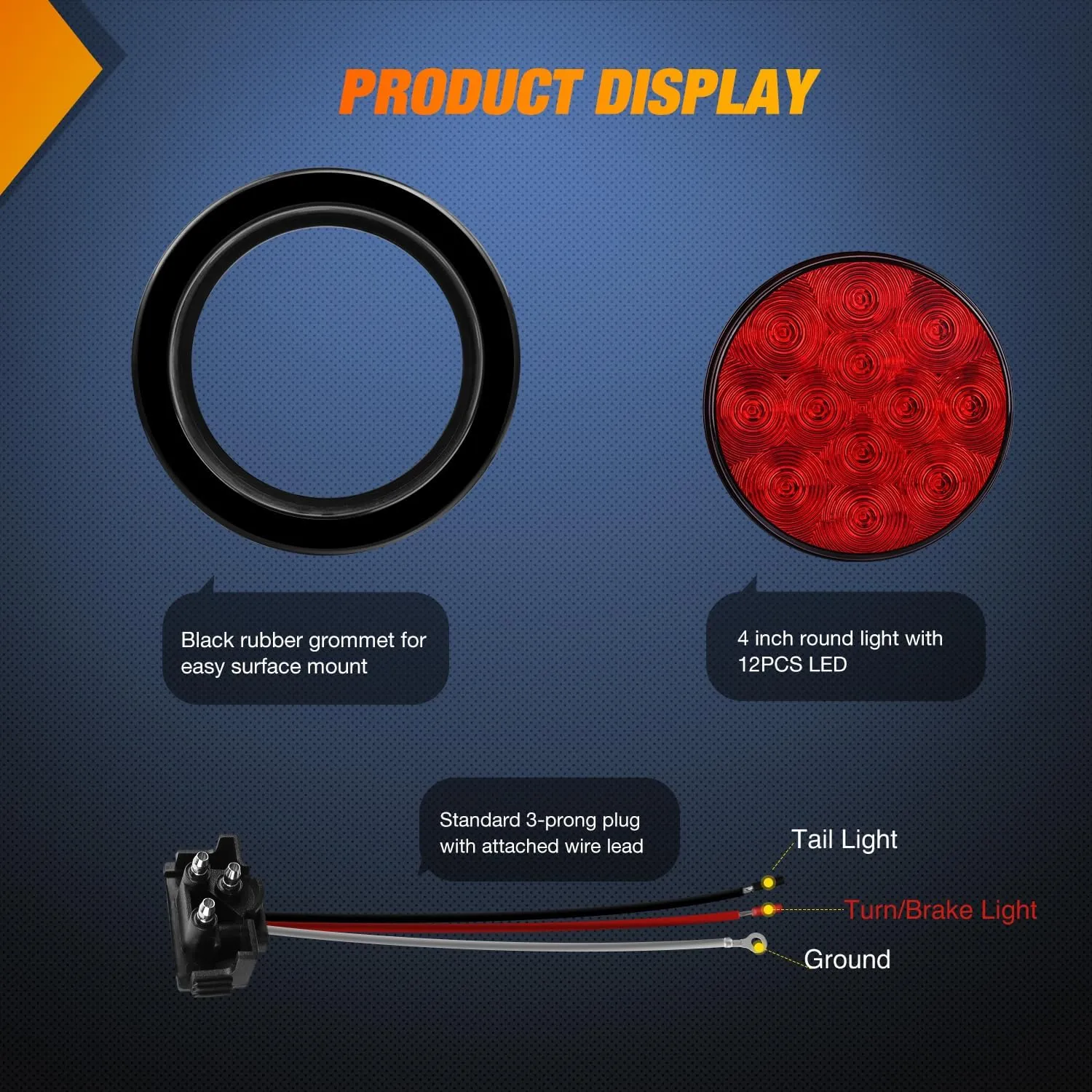 Nilight - TL-18 2PCS 4" Round Red LED Trailer Tail Lights w/Surface Mount Grommet Plugs IP67 Stop Brake Turn Tail Lights for Truck Trailer RV Jeep