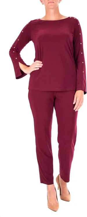NINA LEONARD scoop neck embellished shoulder long sleeve with elastic waist pant DEEP WINE GOLD/XL, X-Large