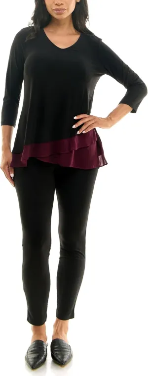 Nina Leonard V-neck 3/4 sleeve color block chiffon Tunic & slim cut pant set DEEP WINE BLACK/S, Small