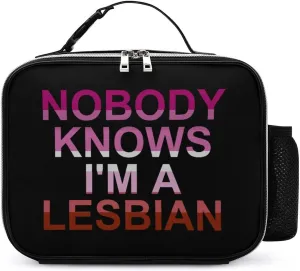 Nobody Knows I'm A Lesbian Travel Lunch Bags Leather Insulated Tote Bag with Detachable Buckled Handle to-Go Food Containers