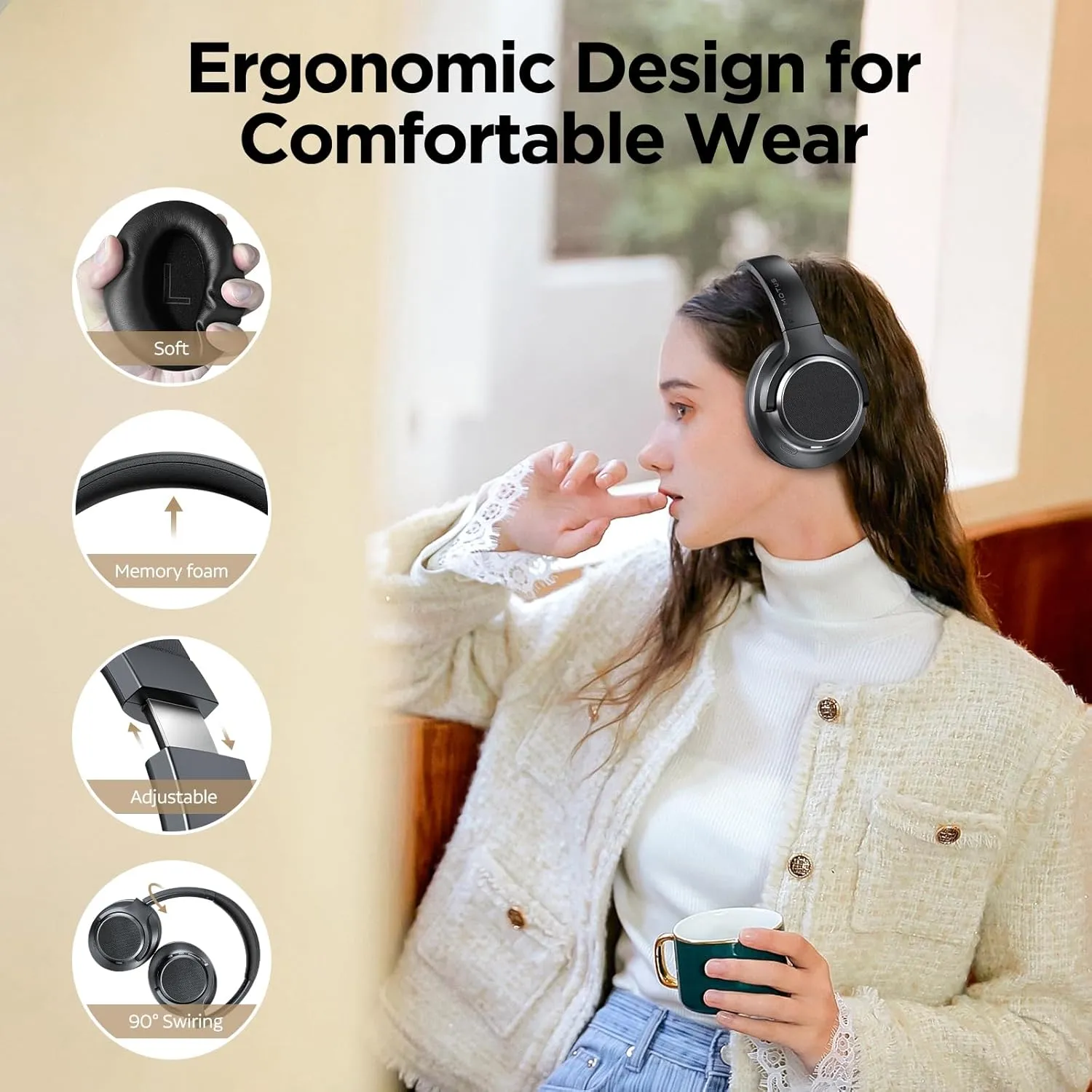 Noise Cancelling Headphones: Wireless Over Ear Bluetooth Headphones with 130H Playtime - Hi-Res Sound Custom EQ via App Deep Bass Comfort Fit Ear Cups for Travel Home Office