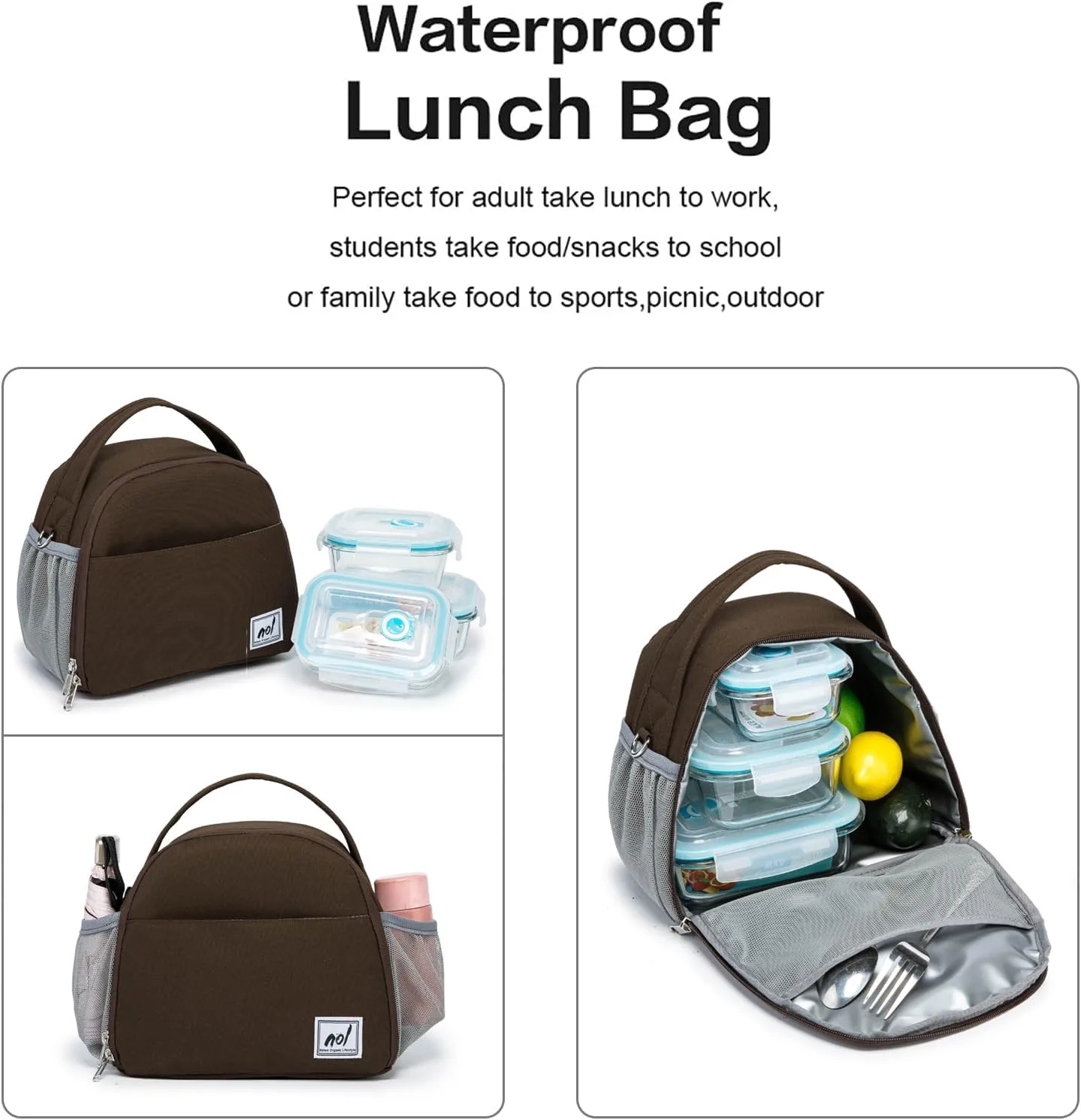 NOL Natural Organic Lifestyle Lunch Bag Insulated Cooler Bag for Women Nylon Waterproof Lightweight Lunch Box Organiser (Coffee)