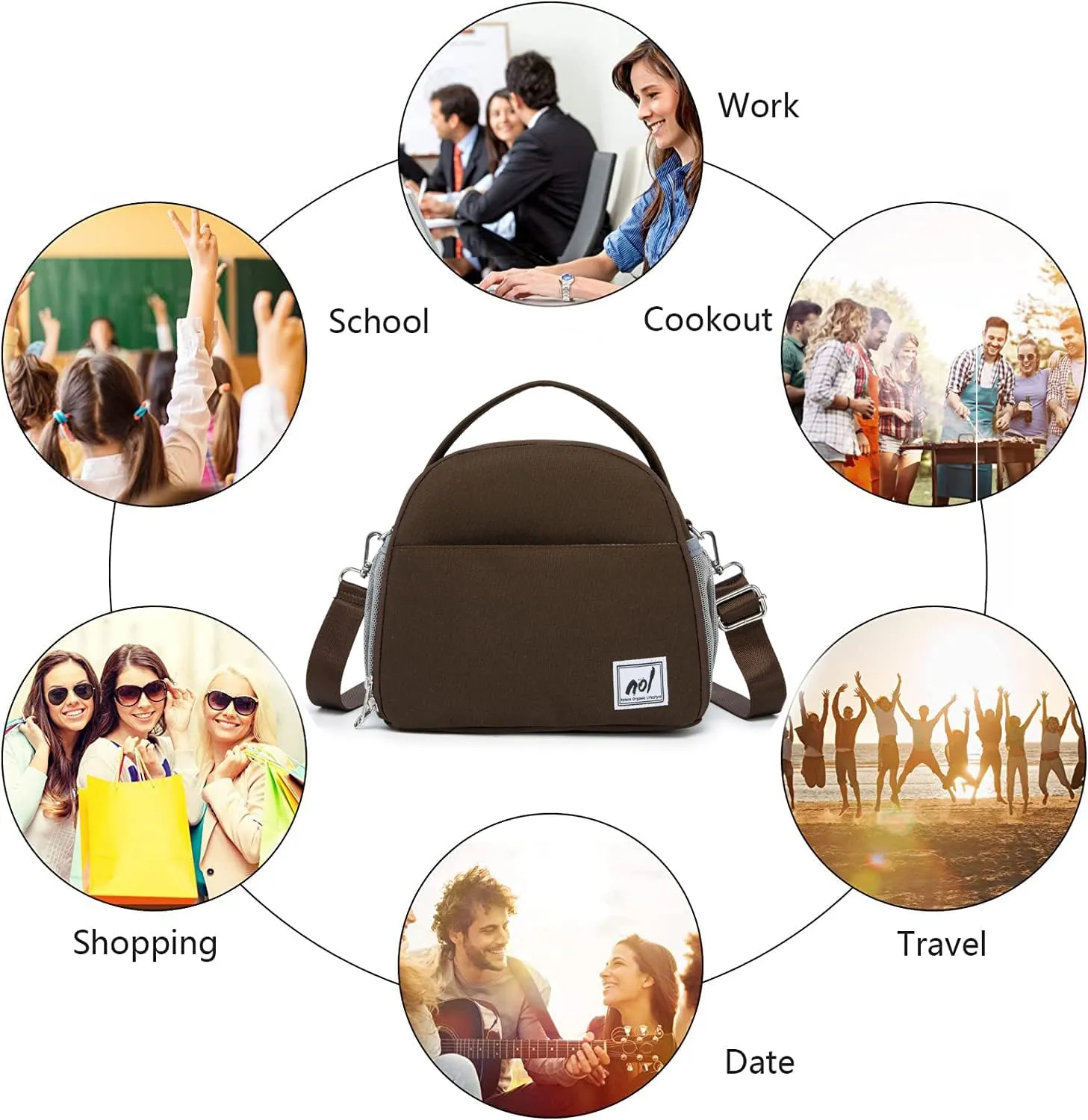 NOL Natural Organic Lifestyle Lunch Bag Insulated Cooler Bag for Women Nylon Waterproof Lightweight Lunch Box Organiser (Coffee)