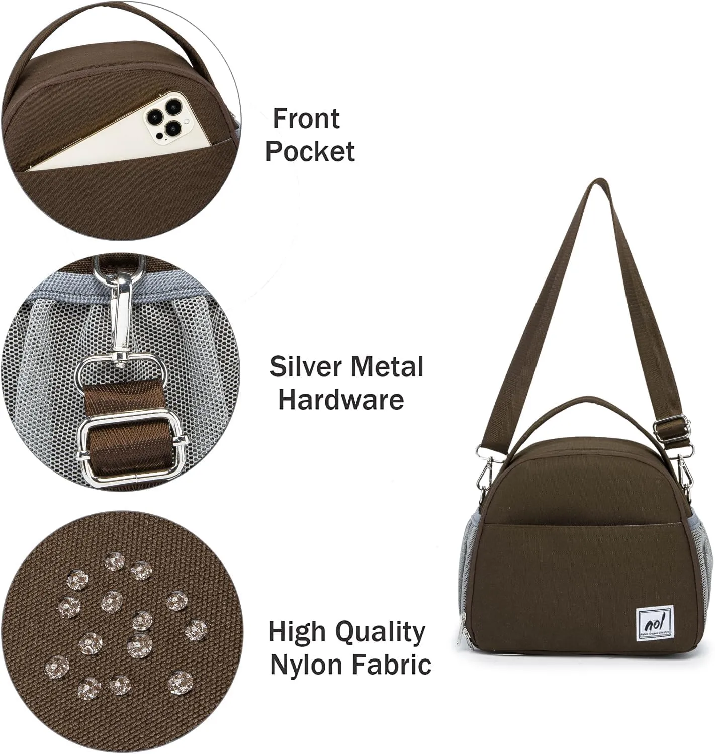 NOL Natural Organic Lifestyle Lunch Bag Insulated Cooler Bag for Women Nylon Waterproof Lightweight Lunch Box Organiser (Coffee)