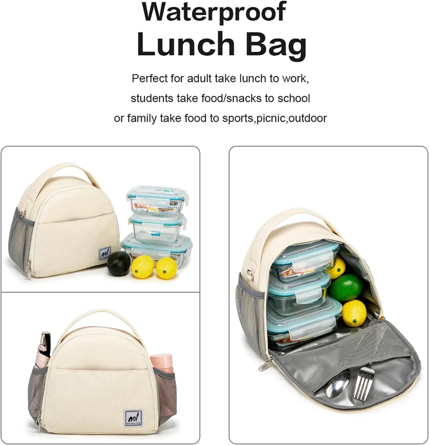 NOL Natural Organic Lifestyle Lunch Bag Insulated Cooler Bag for Women Nylon Waterproof Lightweight Lunch Box Organiser (Cream)