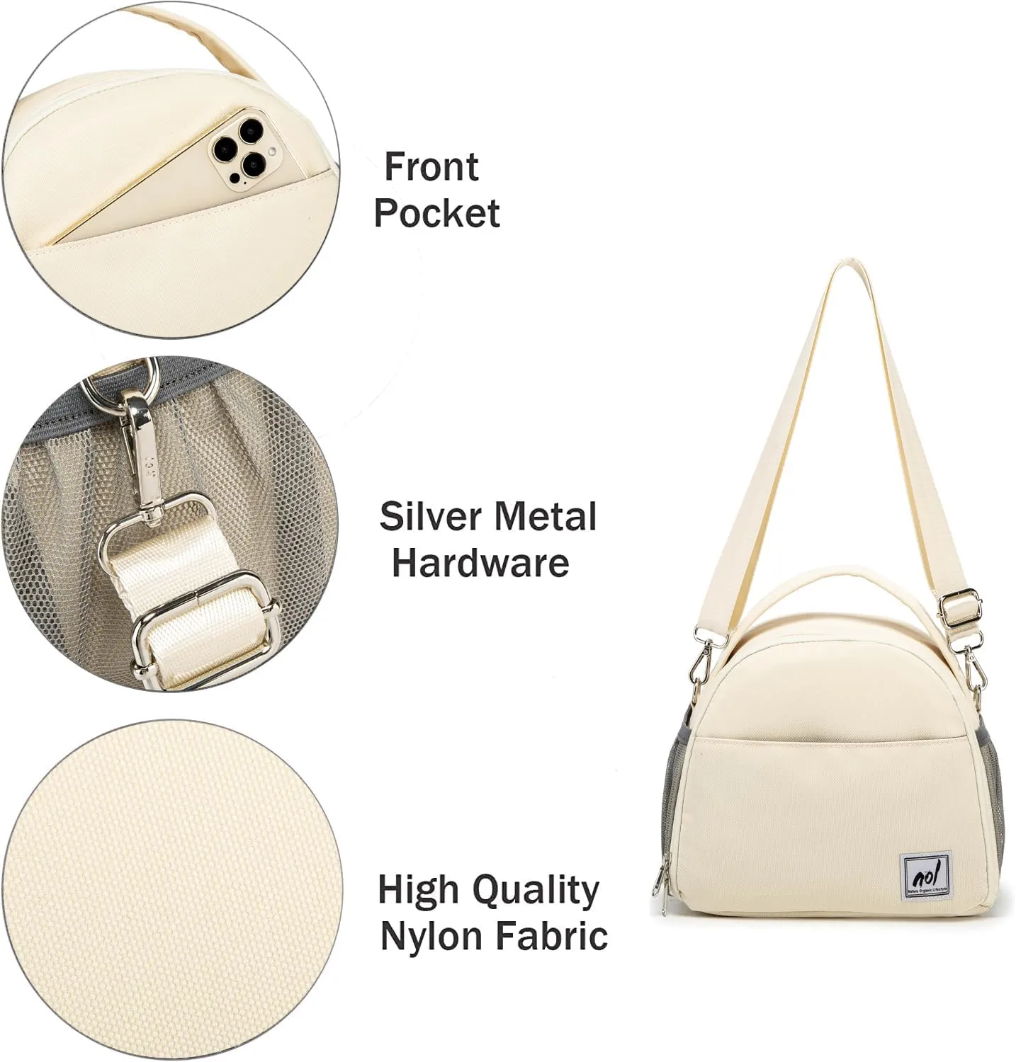NOL Natural Organic Lifestyle Lunch Bag Insulated Cooler Bag for Women Nylon Waterproof Lightweight Lunch Box Organiser (Cream)