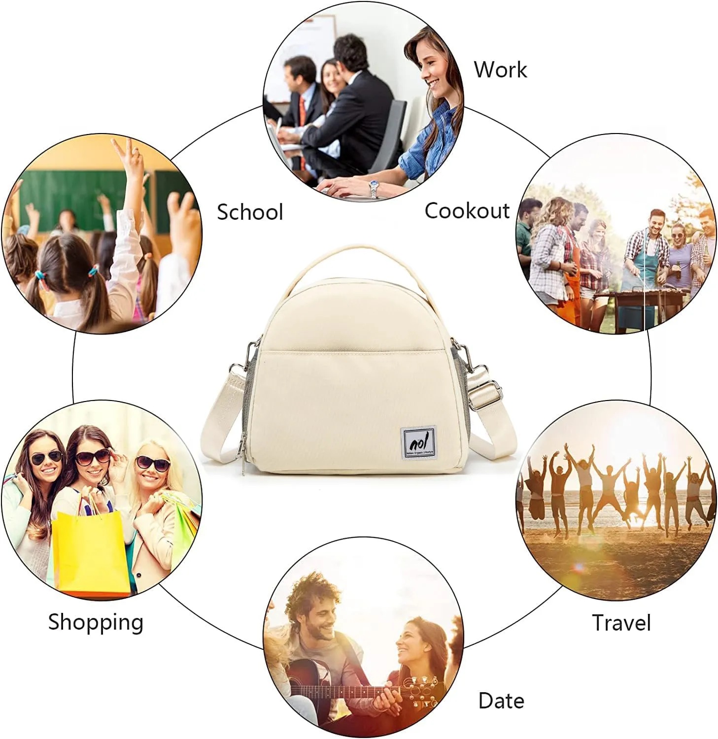 NOL Natural Organic Lifestyle Lunch Bag Insulated Cooler Bag for Women Nylon Waterproof Lightweight Lunch Box Organiser (Cream)
