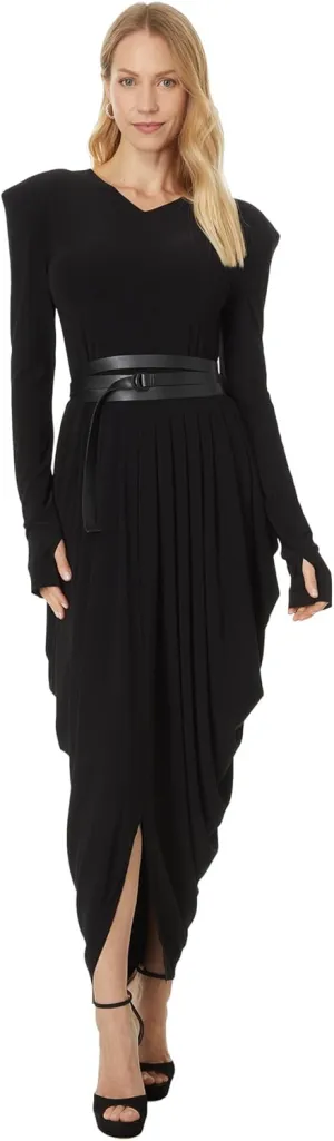 Norma Kamali Women's Ls Shoulder Pad V Neck Waterfall Dress to Midcalf