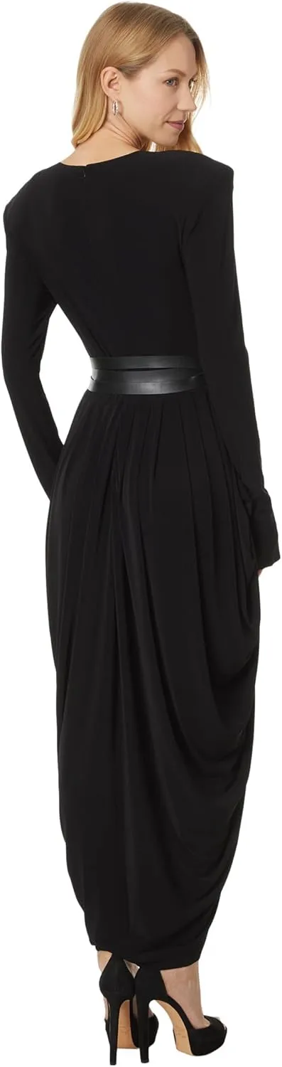 Norma Kamali Women's Ls Shoulder Pad V Neck Waterfall Dress to Midcalf