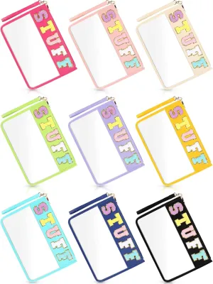 Nuanchu 9 Pcs Clear Chenille Letter Bag Stuff Pouch PVC Preppy Cosmetic Makeup Bag Snack Travel Beach Pouch with Wristlet Waterproof Stadium Bag for Teen Women Gifts(Stuff,Multicolor)