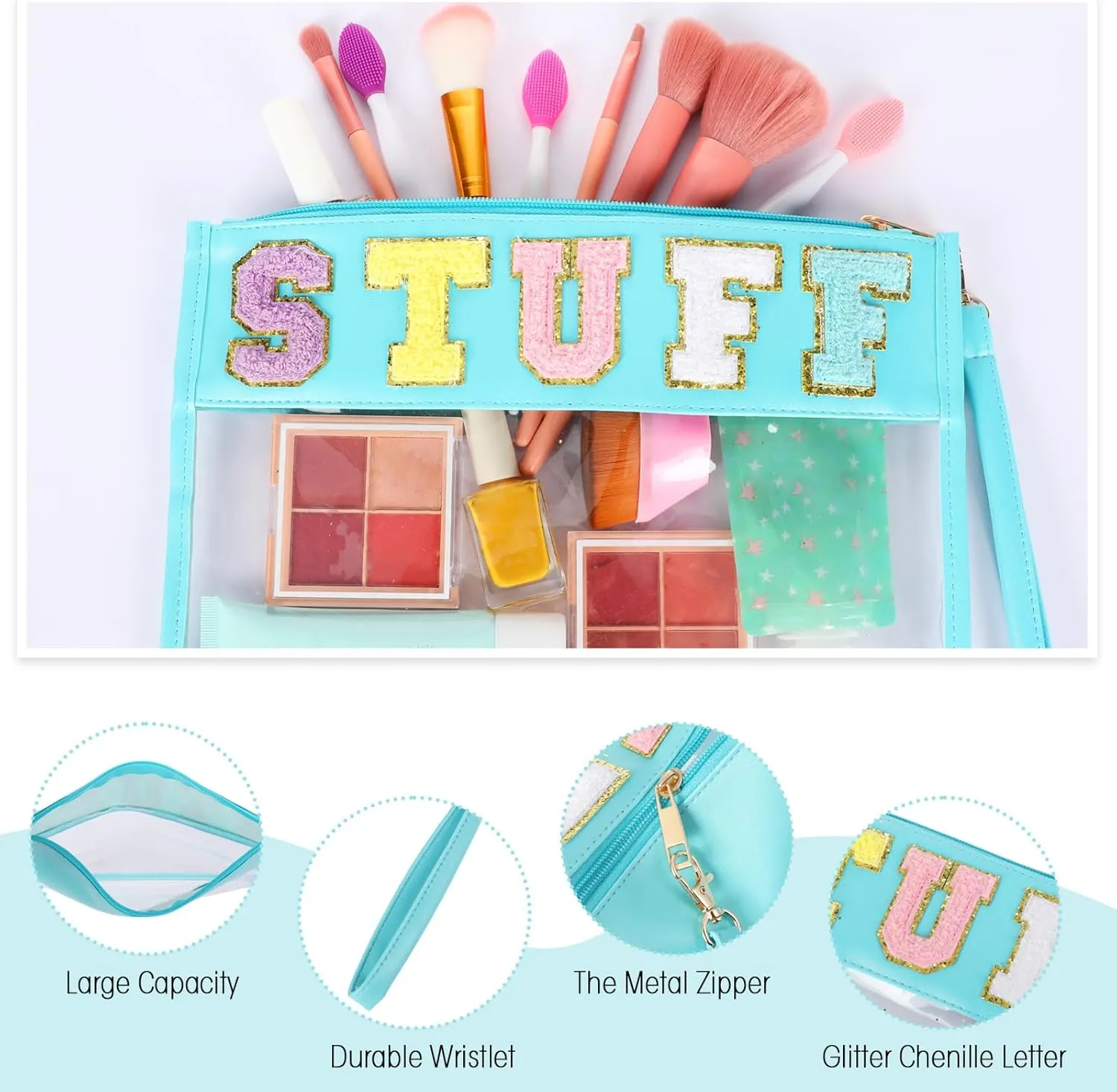 Nuanchu 9 Pcs Clear Chenille Letter Bag Stuff Pouch PVC Preppy Cosmetic Makeup Bag Snack Travel Beach Pouch with Wristlet Waterproof Stadium Bag for Teen Women Gifts(Stuff,Multicolor)