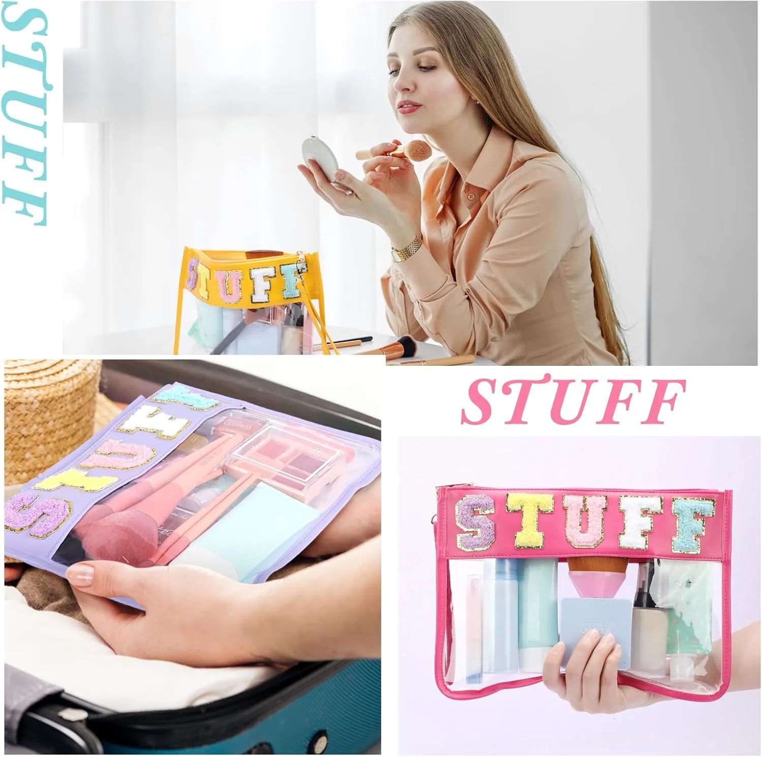 Nuanchu 9 Pcs Clear Chenille Letter Bag Stuff Pouch PVC Preppy Cosmetic Makeup Bag Snack Travel Beach Pouch with Wristlet Waterproof Stadium Bag for Teen Women Gifts(Stuff,Multicolor)