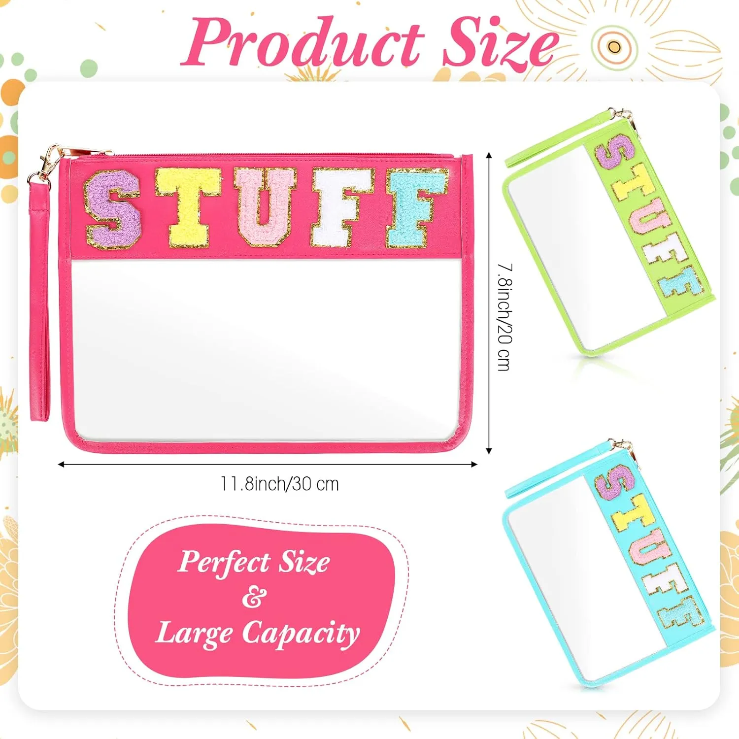 Nuanchu 9 Pcs Clear Chenille Letter Bag Stuff Pouch PVC Preppy Cosmetic Makeup Bag Snack Travel Beach Pouch with Wristlet Waterproof Stadium Bag for Teen Women Gifts(Stuff,Multicolor)