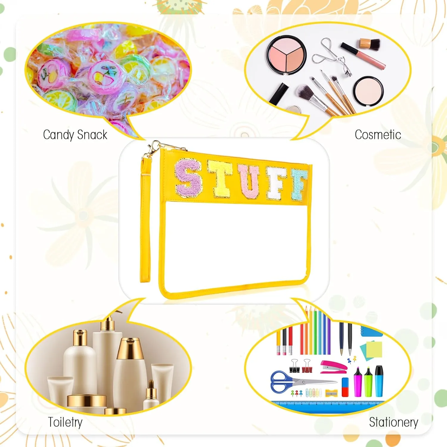 Nuanchu 9 Pcs Clear Chenille Letter Bag Stuff Pouch PVC Preppy Cosmetic Makeup Bag Snack Travel Beach Pouch with Wristlet Waterproof Stadium Bag for Teen Women Gifts(Stuff,Multicolor)