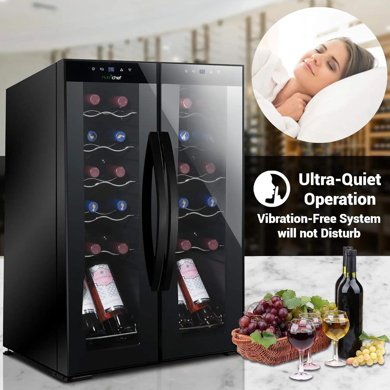 NutriChef PKCWC240 Cellar Cooler for White and Red Wines Chiller, 24 Bottle Dual Zone-Black