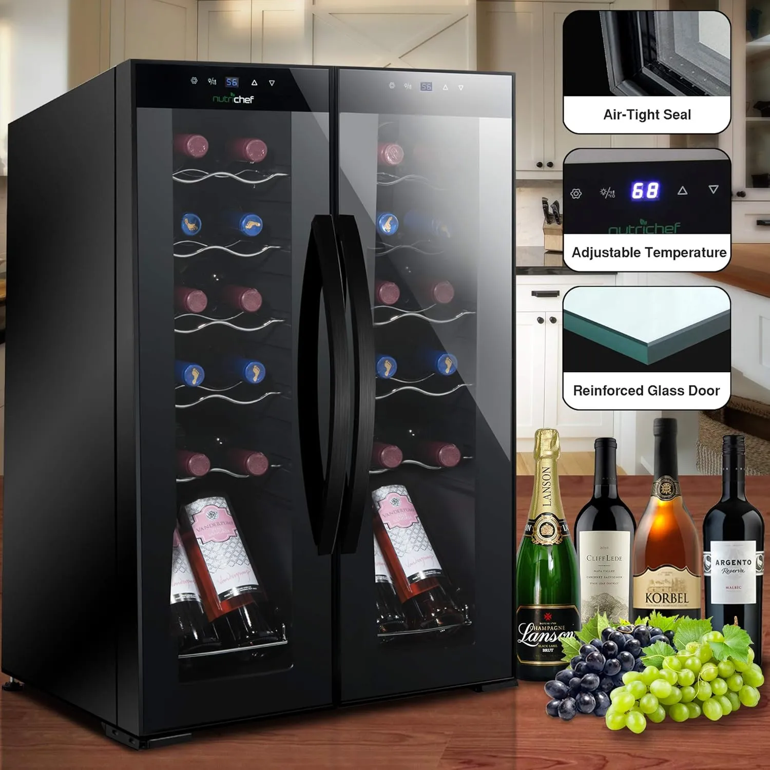 NutriChef PKCWC240 Cellar Cooler for White and Red Wines Chiller, 24 Bottle Dual Zone-Black