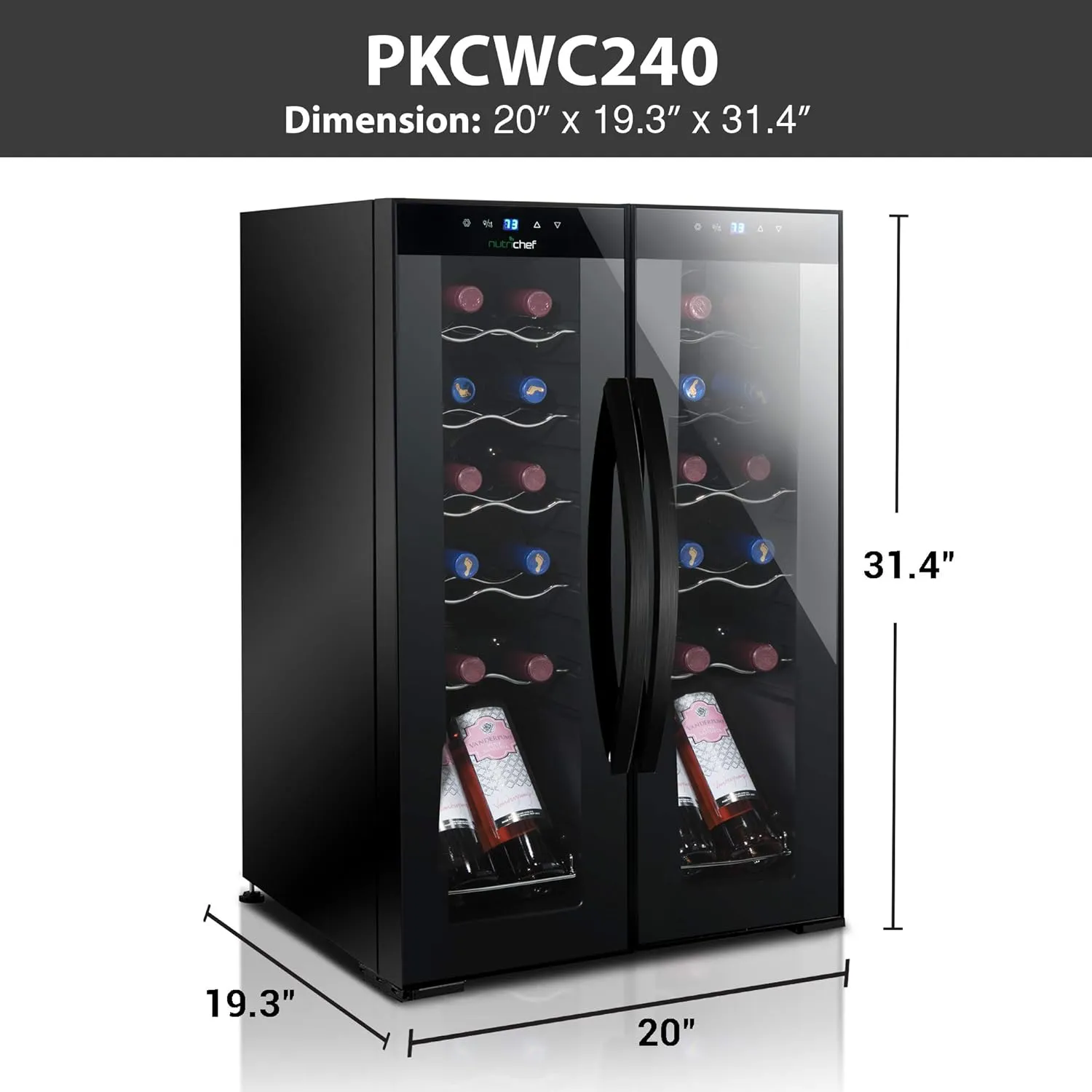NutriChef PKCWC240 Cellar Cooler for White and Red Wines Chiller, 24 Bottle Dual Zone-Black