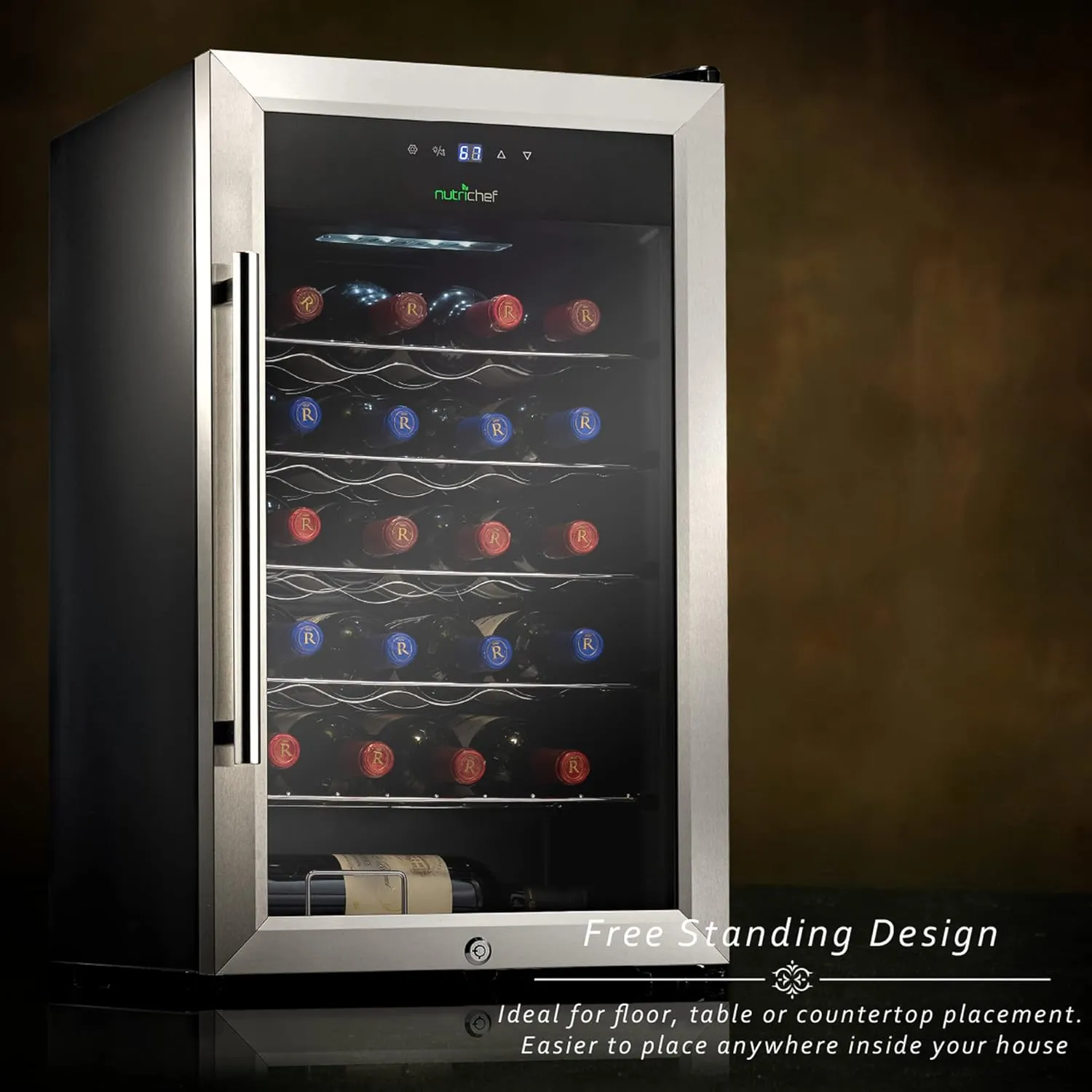 NutriChef PKCWC248 24 Bottle Fridge Single Zone Red & White Chiller | Adjustable Temperature 41°F to 64°F | Ultra Quiet Operation | Wine Cooler For Home & Office, Free Standing 29x16x17 IN, Gray