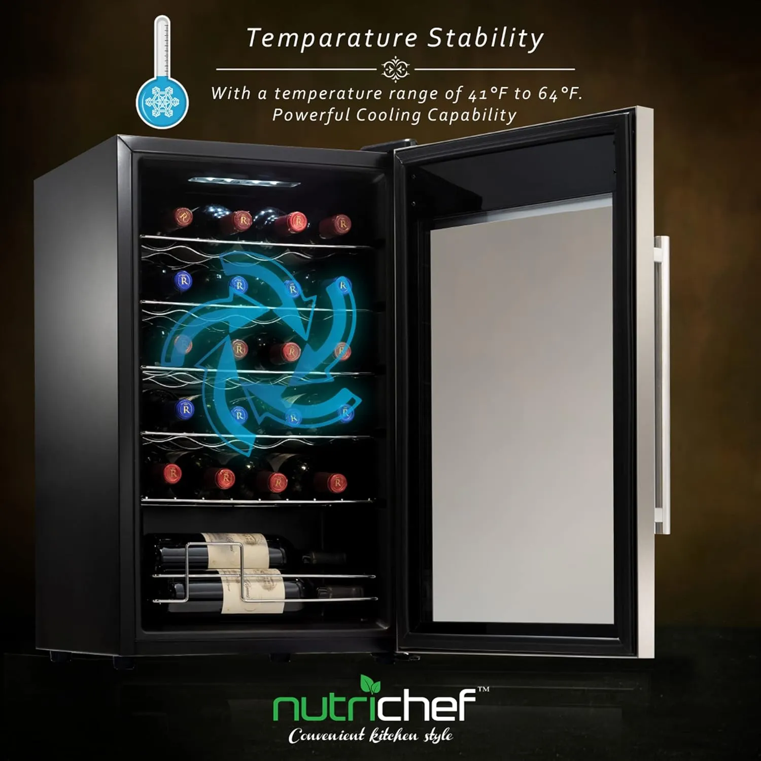 NutriChef PKCWC248 24 Bottle Fridge Single Zone Red & White Chiller | Adjustable Temperature 41°F to 64°F | Ultra Quiet Operation | Wine Cooler For Home & Office, Free Standing 29x16x17 IN, Gray