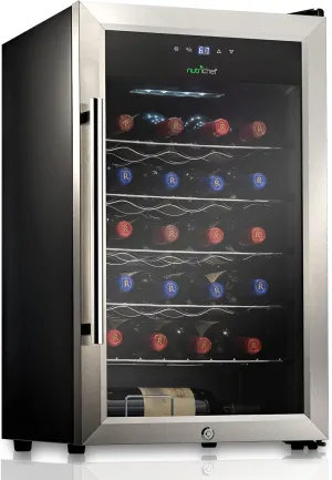 NutriChef PKCWC248 24 Bottle Fridge Single Zone Red & White Chiller | Adjustable Temperature 41°F to 64°F | Ultra Quiet Operation | Wine Cooler For Home & Office, Free Standing 29x16x17 IN, Gray