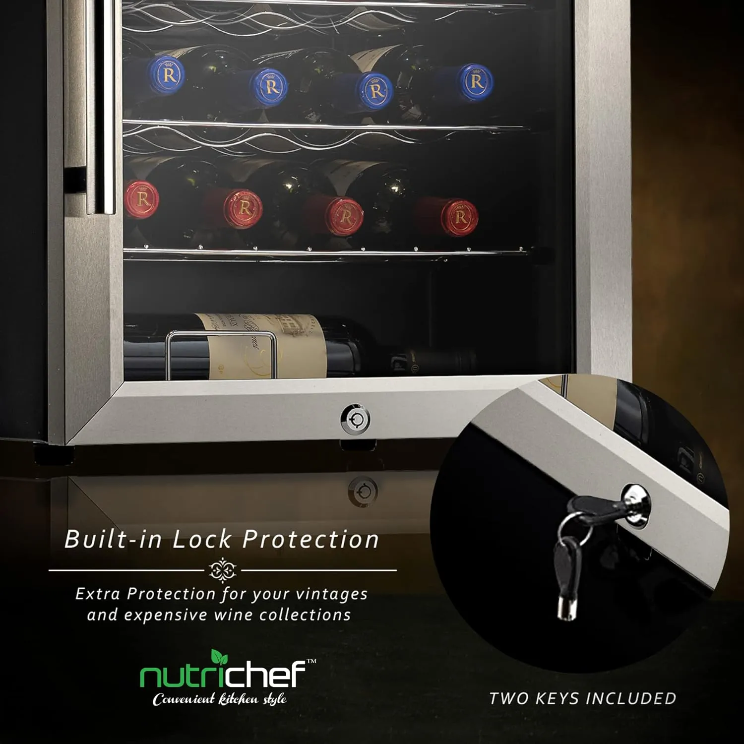 NutriChef PKCWC248 24 Bottle Fridge Single Zone Red & White Chiller | Adjustable Temperature 41°F to 64°F | Ultra Quiet Operation | Wine Cooler For Home & Office, Free Standing 29x16x17 IN, Gray