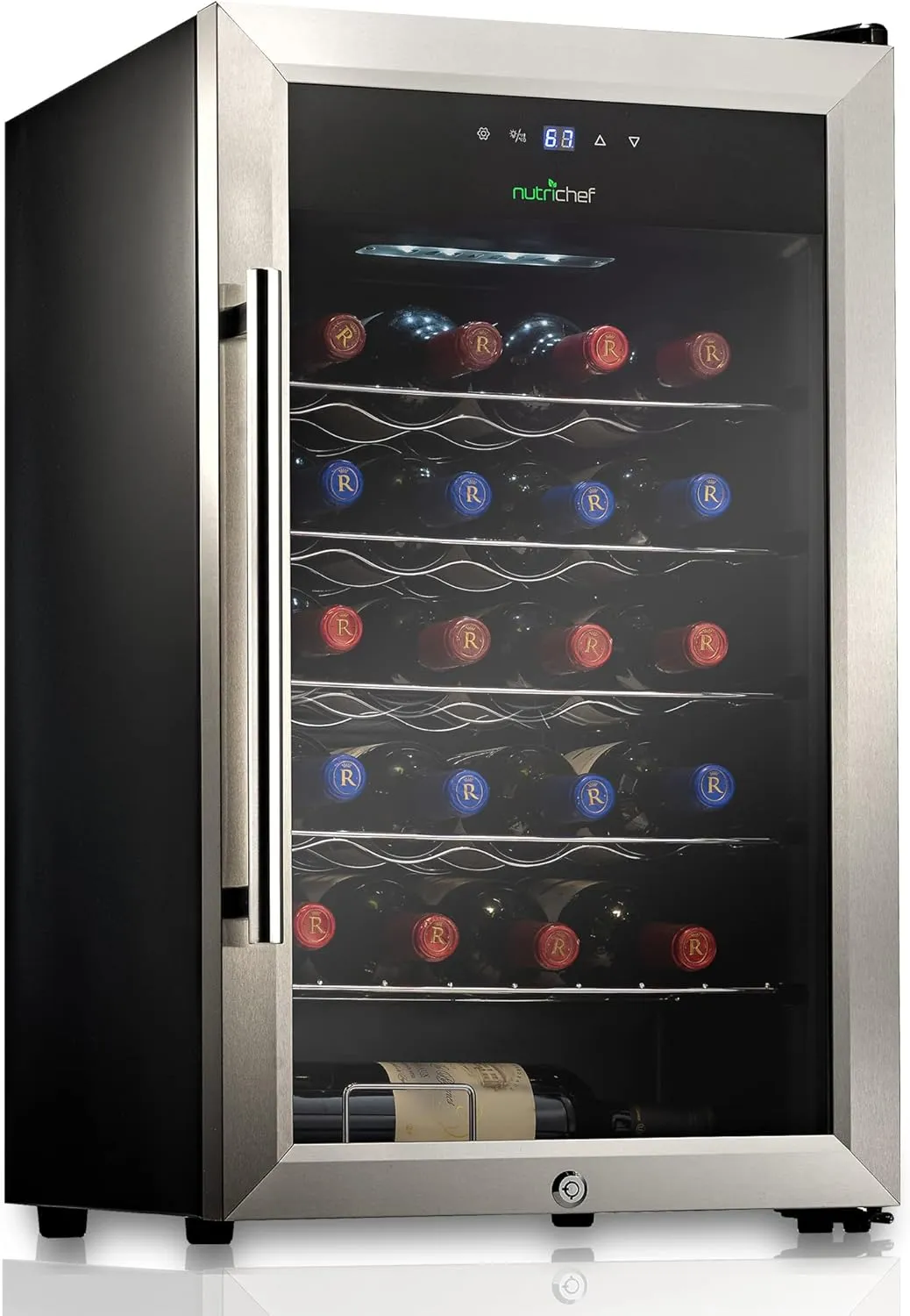 NutriChef PKCWC248 24 Bottle Fridge Single Zone Red & White Chiller | Adjustable Temperature 41°F to 64°F | Ultra Quiet Operation | Wine Cooler For Home & Office, Free Standing 29x16x17 IN, Gray