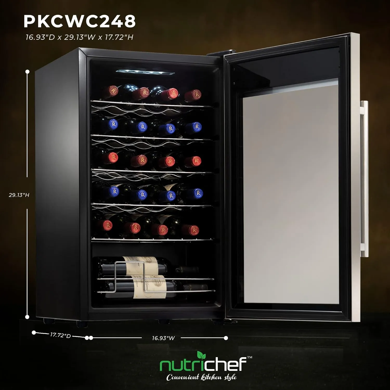 NutriChef PKCWC248 24 Bottle Fridge Single Zone Red & White Chiller | Adjustable Temperature 41°F to 64°F | Ultra Quiet Operation | Wine Cooler For Home & Office, Free Standing 29x16x17 IN, Gray