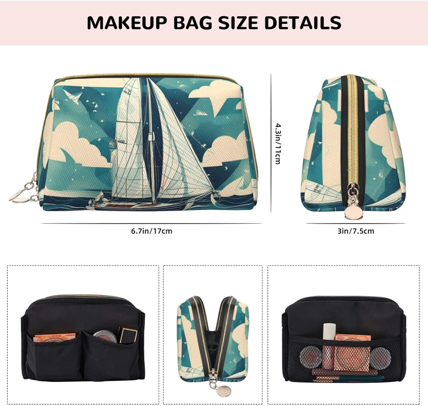Ocean Sailboat Toiletry Pouch, Travel-Friendly Makeup Organizer For Makeup Brushes, Lipsticks