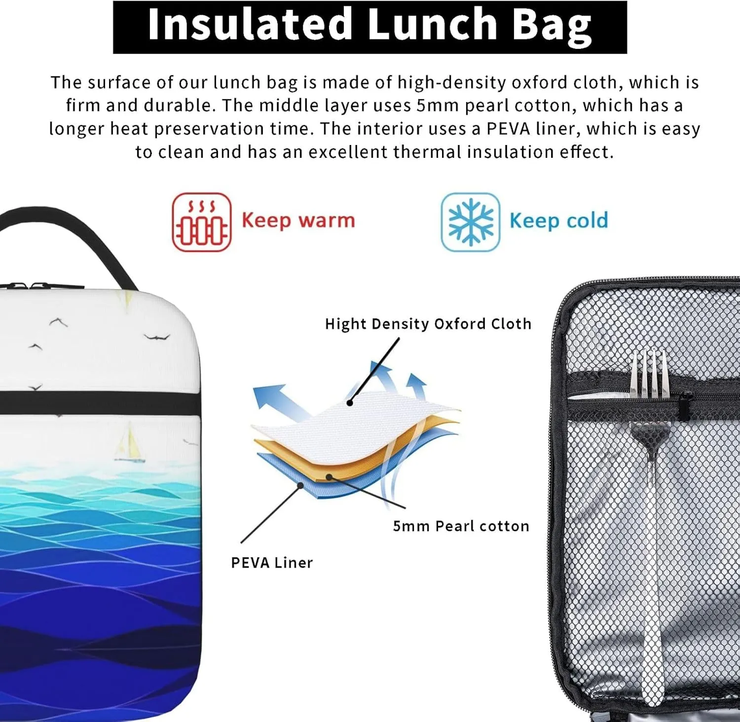 Ocean Waves Sailboat With Birds Maritime Insulated Lunch Box For Men Women Lunch Bag Perfect For Office Travel Outings