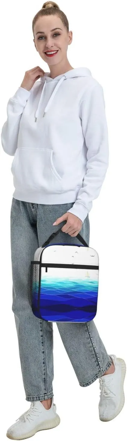 Ocean Waves Sailboat With Birds Maritime Insulated Lunch Box For Men Women Lunch Bag Perfect For Office Travel Outings