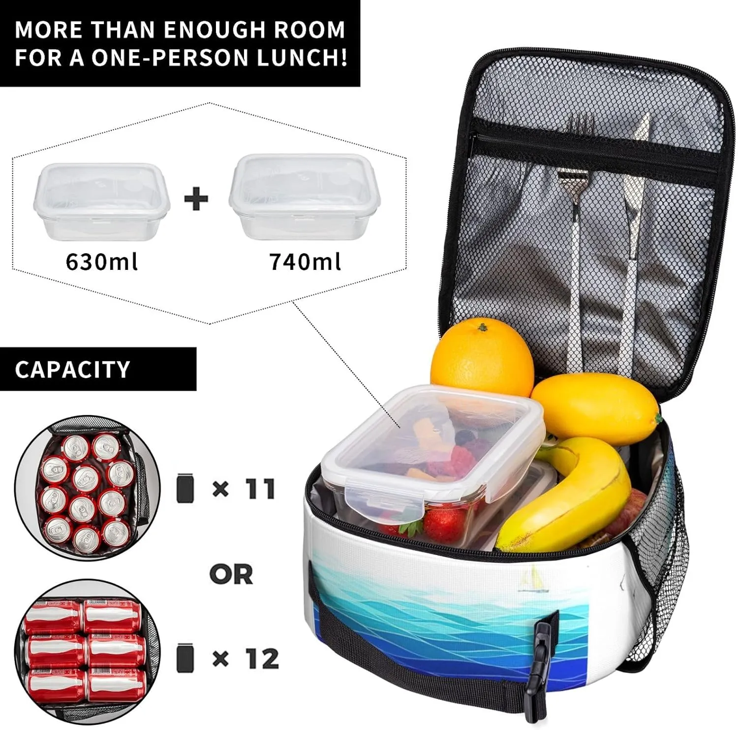 Ocean Waves Sailboat With Birds Maritime Insulated Lunch Box For Men Women Lunch Bag Perfect For Office Travel Outings