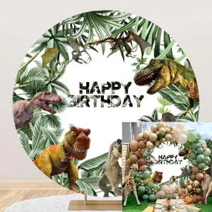 OERJU 7.2x7.2ft Dinosaur Birthday Round Backdrop Dinosaur Tropical Leaves Jungle Photography Background for Kids Boys Baby Shower Birthday Party Decoration Photo Booth Studio Props