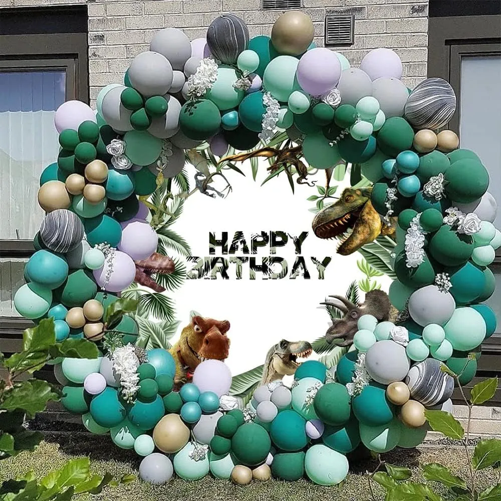 OERJU 7.2x7.2ft Dinosaur Birthday Round Backdrop Dinosaur Tropical Leaves Jungle Photography Background for Kids Boys Baby Shower Birthday Party Decoration Photo Booth Studio Props