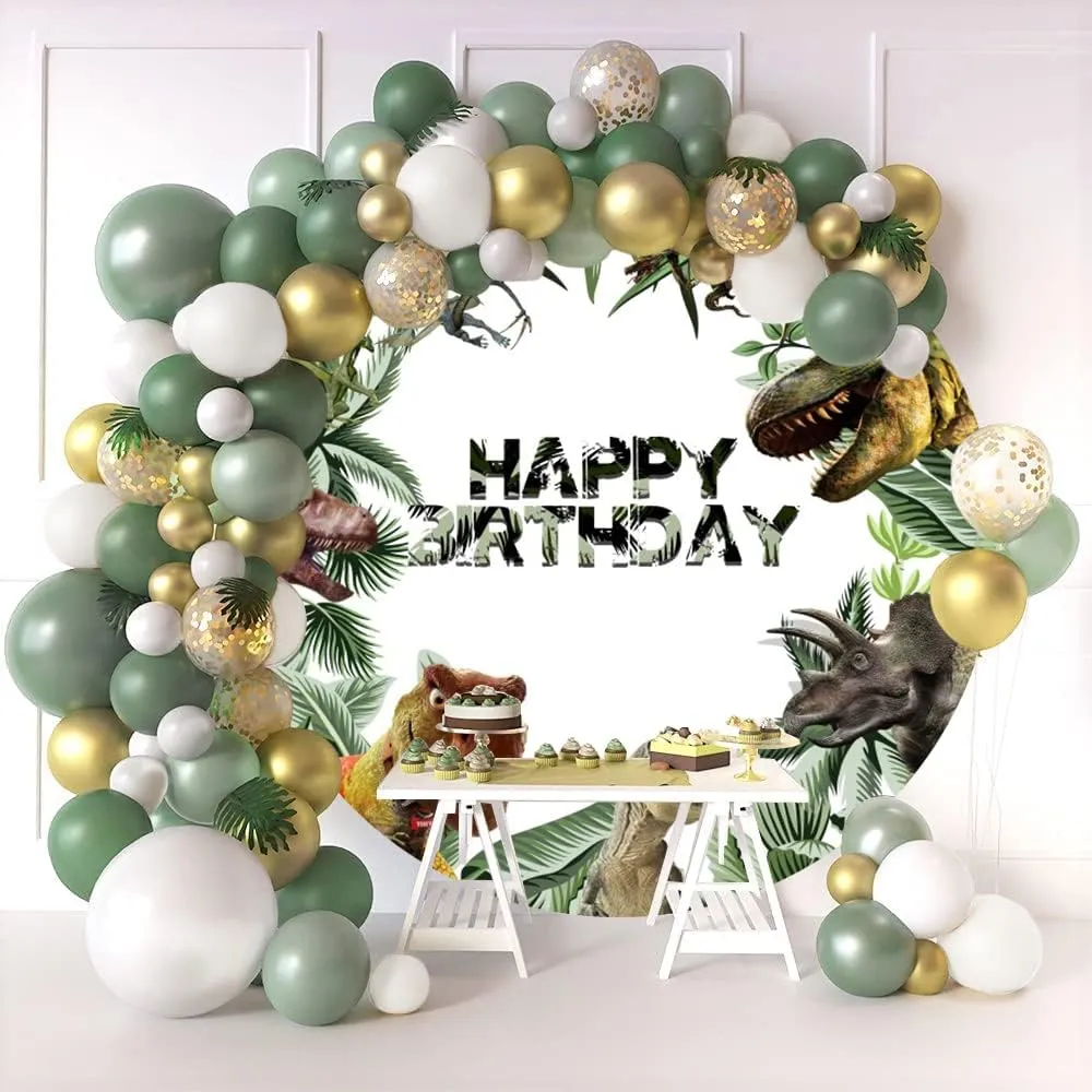 OERJU 7.2x7.2ft Dinosaur Birthday Round Backdrop Dinosaur Tropical Leaves Jungle Photography Background for Kids Boys Baby Shower Birthday Party Decoration Photo Booth Studio Props