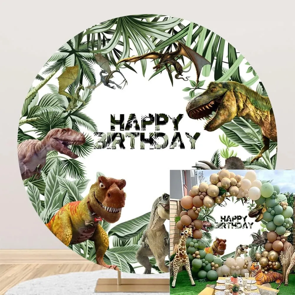 OERJU 7.2x7.2ft Dinosaur Birthday Round Backdrop Dinosaur Tropical Leaves Jungle Photography Background for Kids Boys Baby Shower Birthday Party Decoration Photo Booth Studio Props