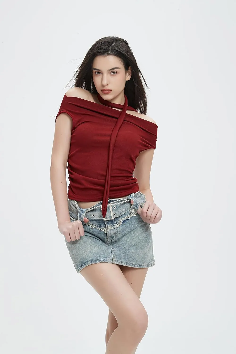 Off The Shoulder Tops for Women Crop Tank Tops Shirts with Ruched Sides Vacation Outfits Summer Spring Fashion Sexy Y2k