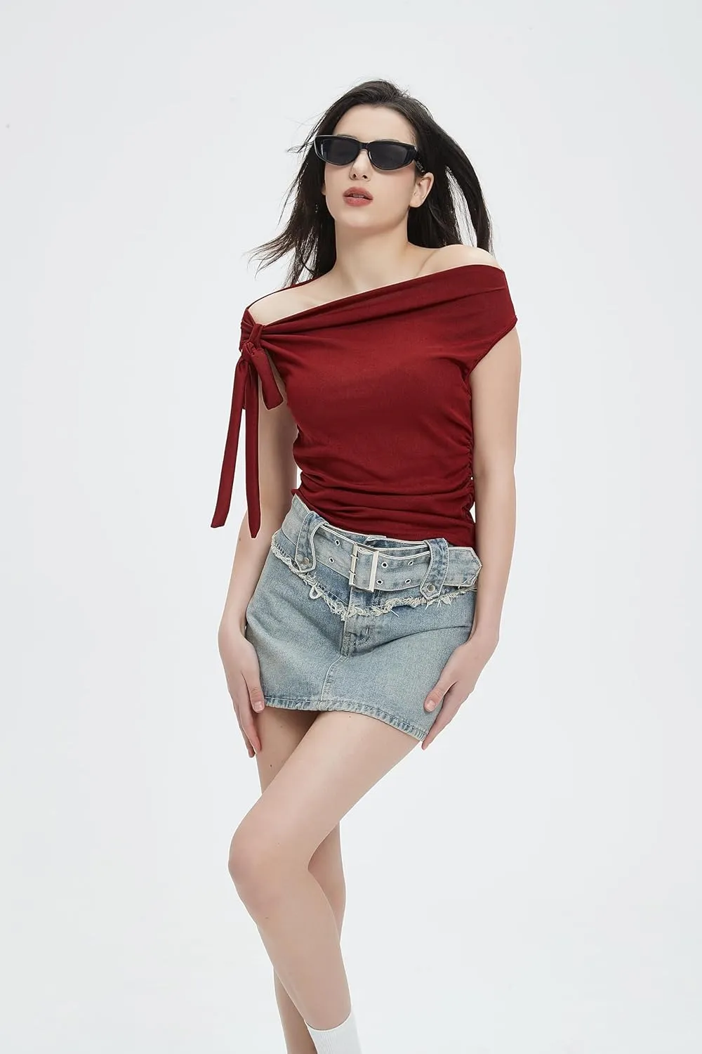 Off The Shoulder Tops for Women Crop Tank Tops Shirts with Ruched Sides Vacation Outfits Summer Spring Fashion Sexy Y2k