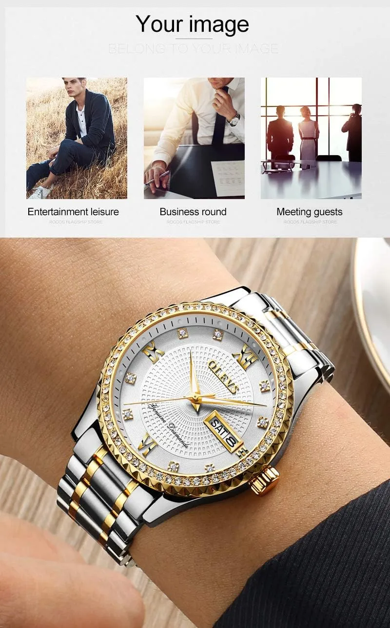 OLEVS Diamond Watches for Men,Business Dress Watch Waterproof Luminous,Male Golden Big Dial Luxury Casual Quartz Analog Watches with Day Date Calendar and Stainless Steel Band