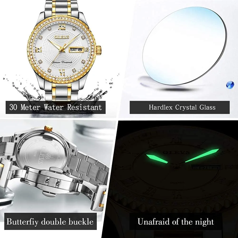 OLEVS Diamond Watches for Men,Business Dress Watch Waterproof Luminous,Male Golden Big Dial Luxury Casual Quartz Analog Watches with Day Date Calendar and Stainless Steel Band