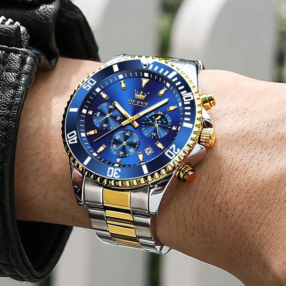 OLEVS Watches for Men Stainless Steel Analog Quartz Chronograph Moon Phase Watch Waterproof Date Luminous Wrist Male Watches,Gift for Men