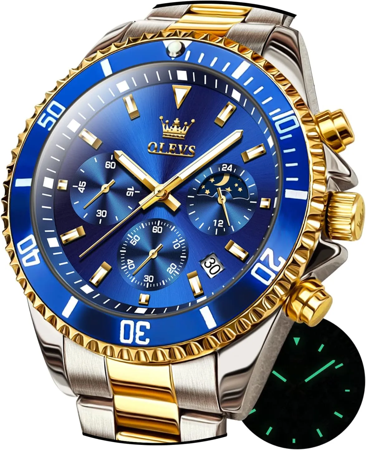 OLEVS Watches for Men Stainless Steel Analog Quartz Chronograph Moon Phase Watch Waterproof Date Luminous Wrist Male Watches,Gift for Men