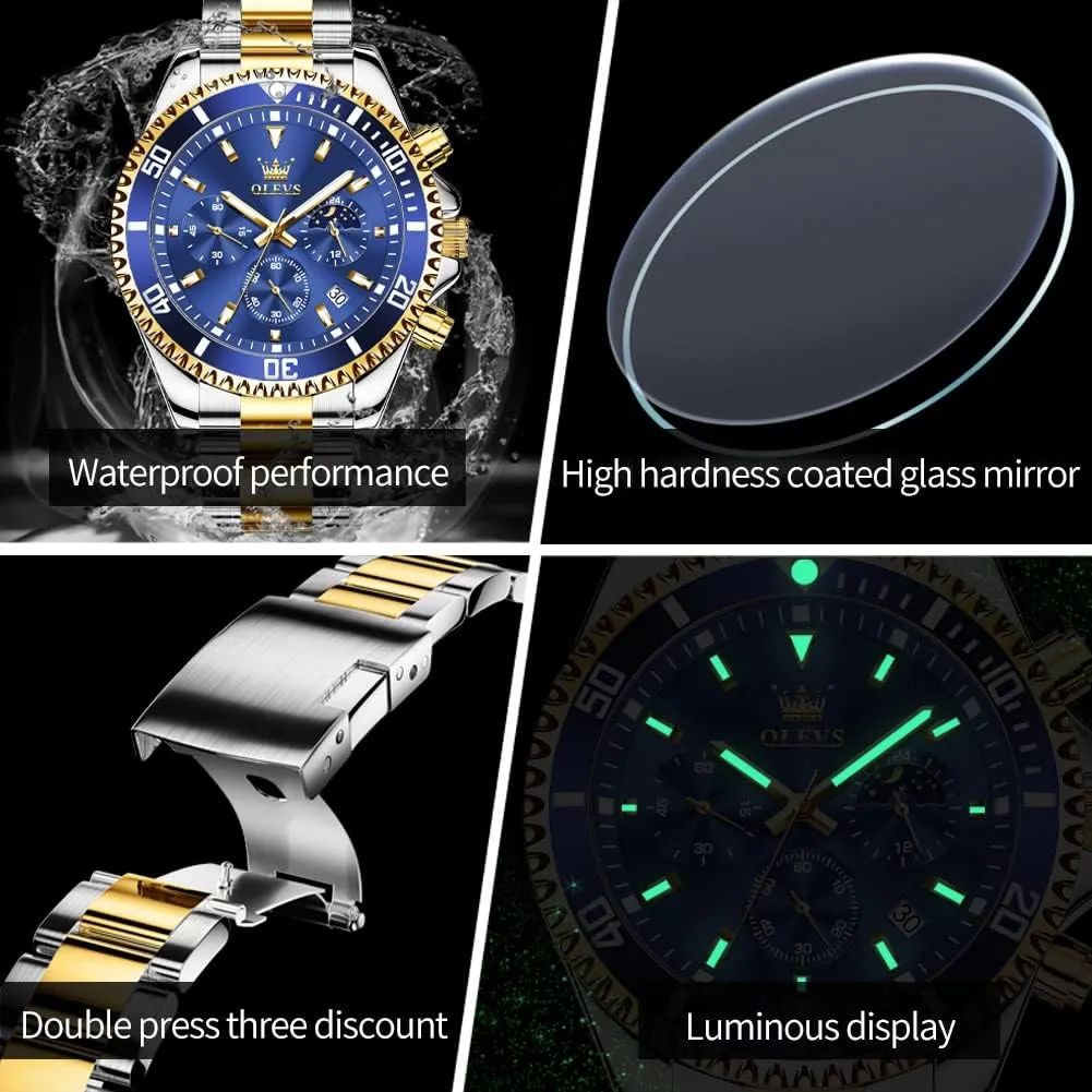 OLEVS Watches for Men Stainless Steel Analog Quartz Chronograph Moon Phase Watch Waterproof Date Luminous Wrist Male Watches,Gift for Men