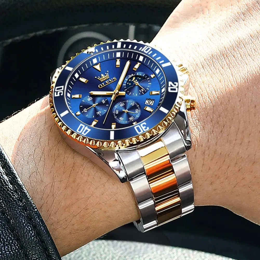 OLEVS Watches for Men Stainless Steel Analog Quartz Chronograph Moon Phase Watch Waterproof Date Luminous Wrist Male Watches,Gift for Men