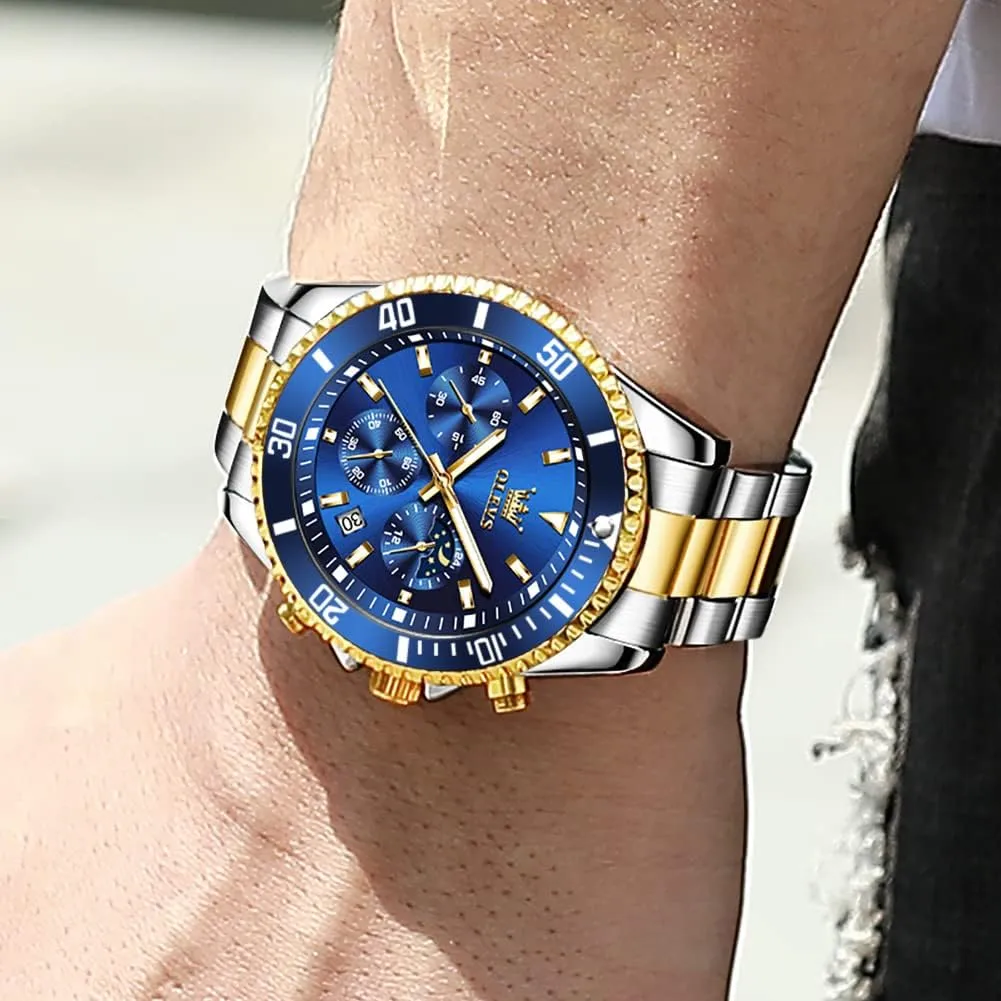 OLEVS Watches for Men Stainless Steel Analog Quartz Chronograph Moon Phase Watch Waterproof Date Luminous Wrist Male Watches,Gift for Men